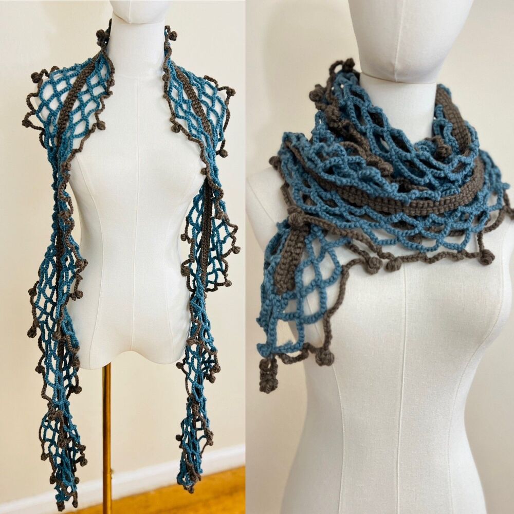 Handmade Crochet Lace Open Knit Long Scarf 84" Turquoise with Brown Bobble Trim